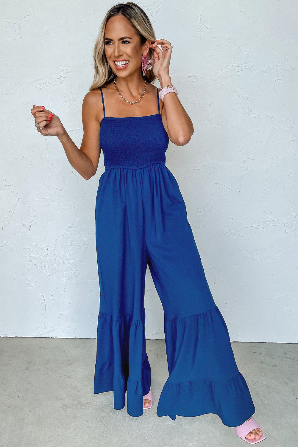 Navy Blue Spaghetti Strap Smocked Ruffle Wide Leg Jumpsuit