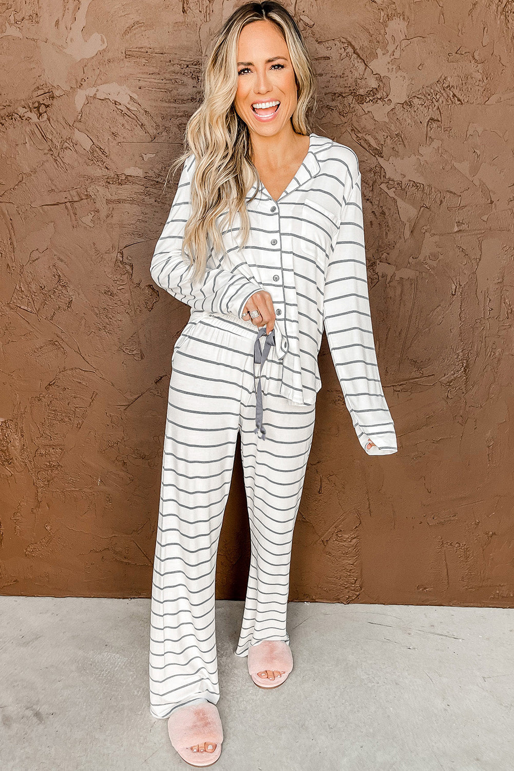 Striped Print Long Sleeve und Hosen -Pyjama -Set