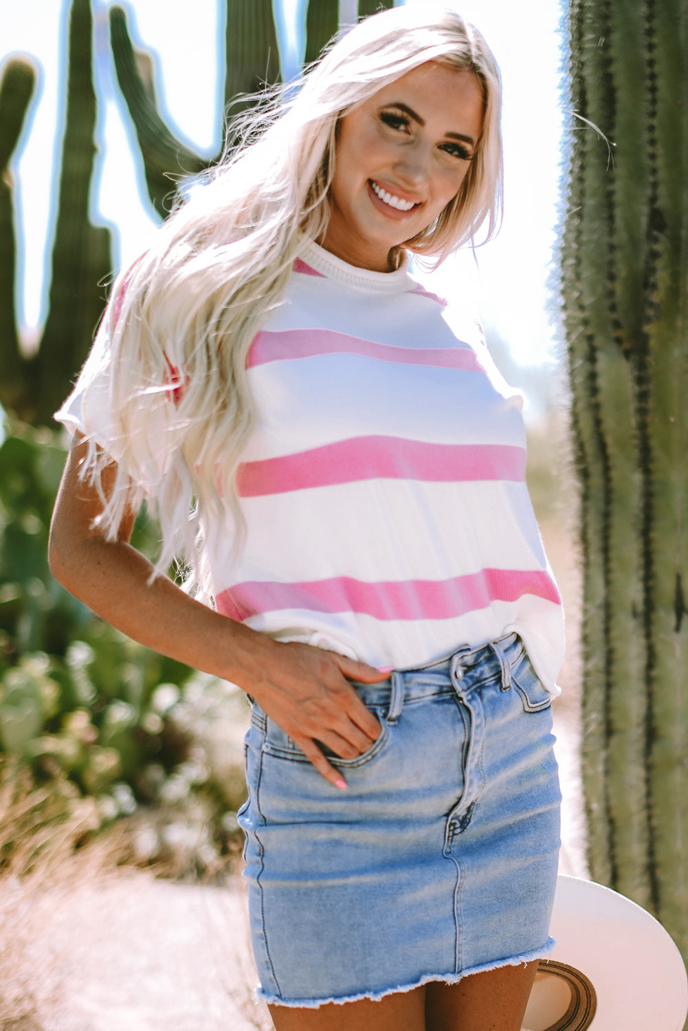 Pink Stripe Dropped Short Sleeve Lightweight Knitted Top