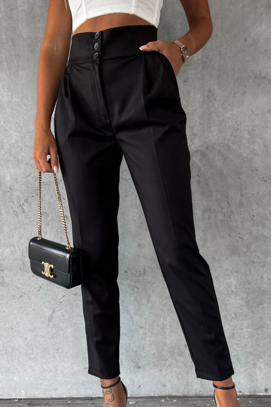 Black Button High Waist Tapered Pants