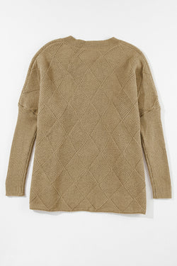 Camel Batwing Sleeve Checkered Textured Sweater