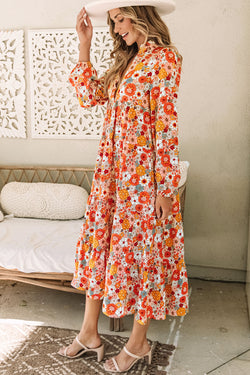 Robe bohème multicolore à col floral et manches longues à volants