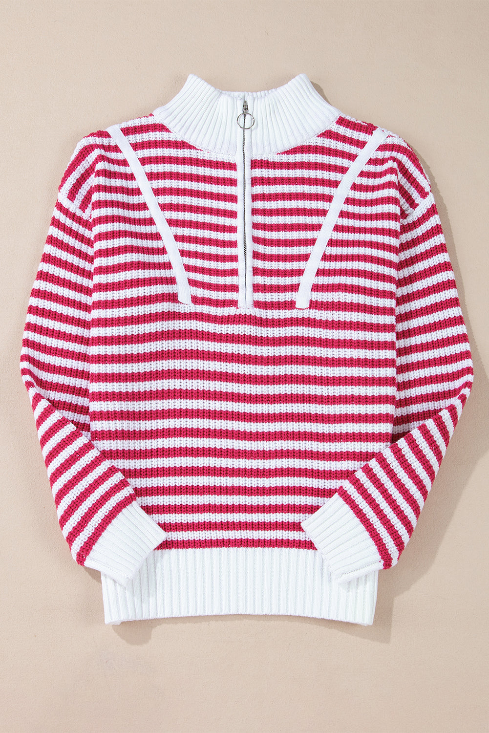 Pink striped sweater, zipped collar, dropped shoulders