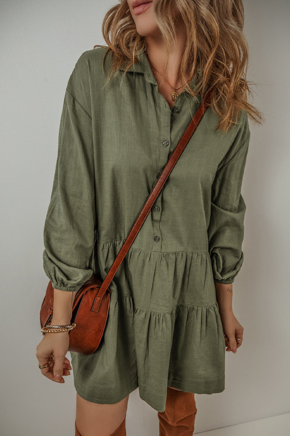 Jungle Green Puff manga abotonada camisa plisada mini vestido