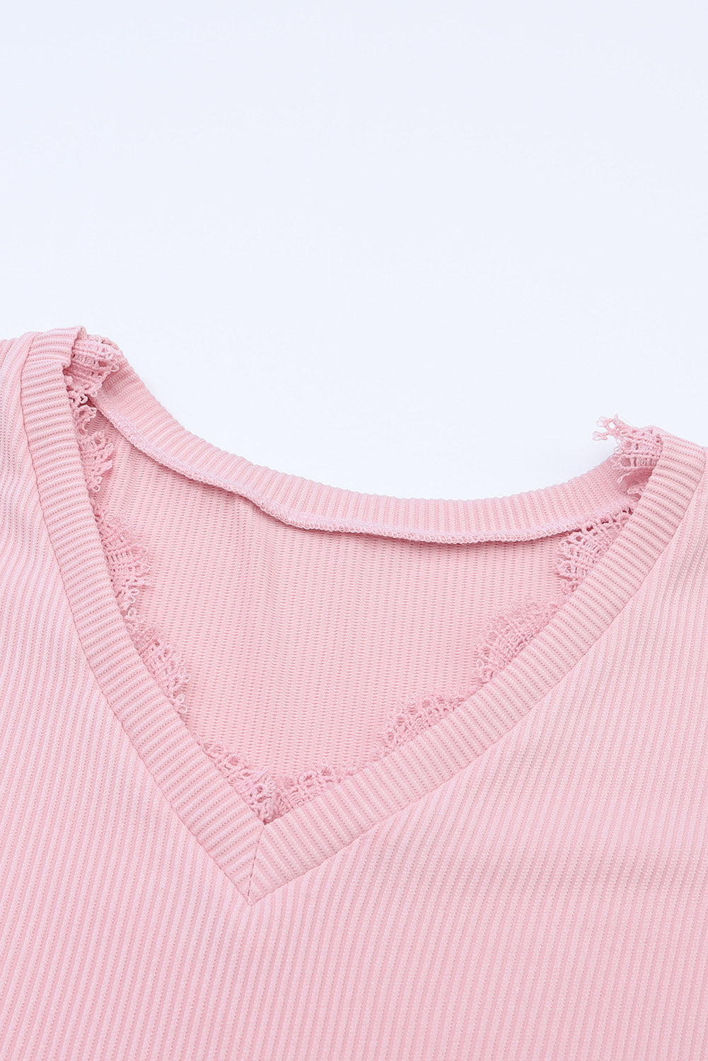 Pink Ribbed Texture Lace Trim V Neck Long Sleeve Top