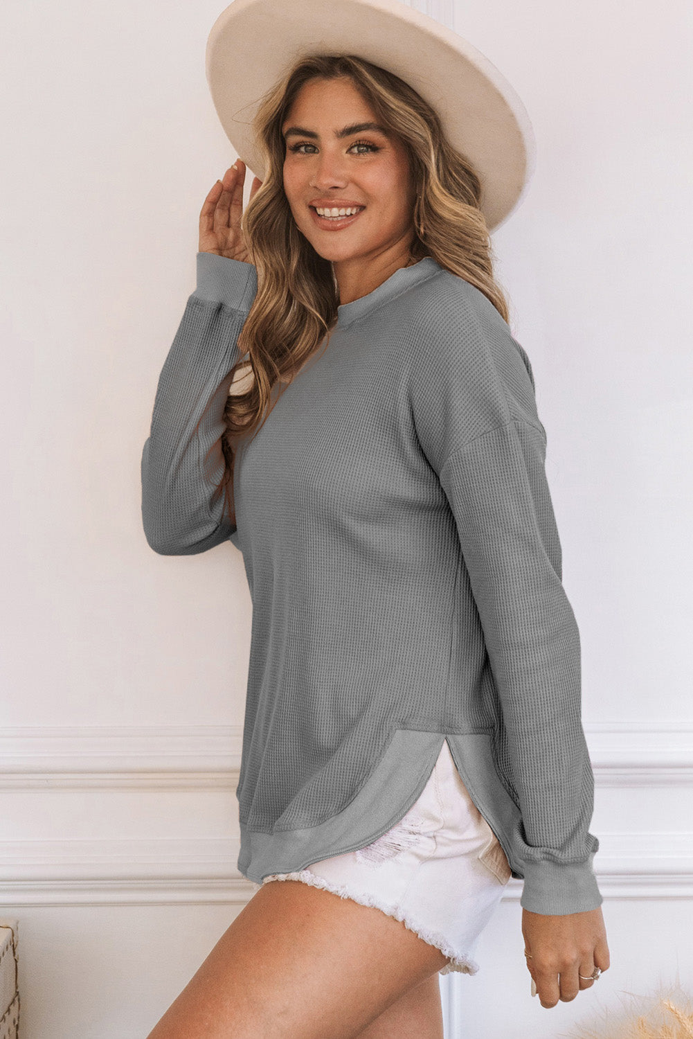 Gray Crew Neck Ribbed Trim Waffle Knit Top