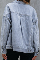 Sky Blue Striped Washed Oversized Denim Jacket with Pockets