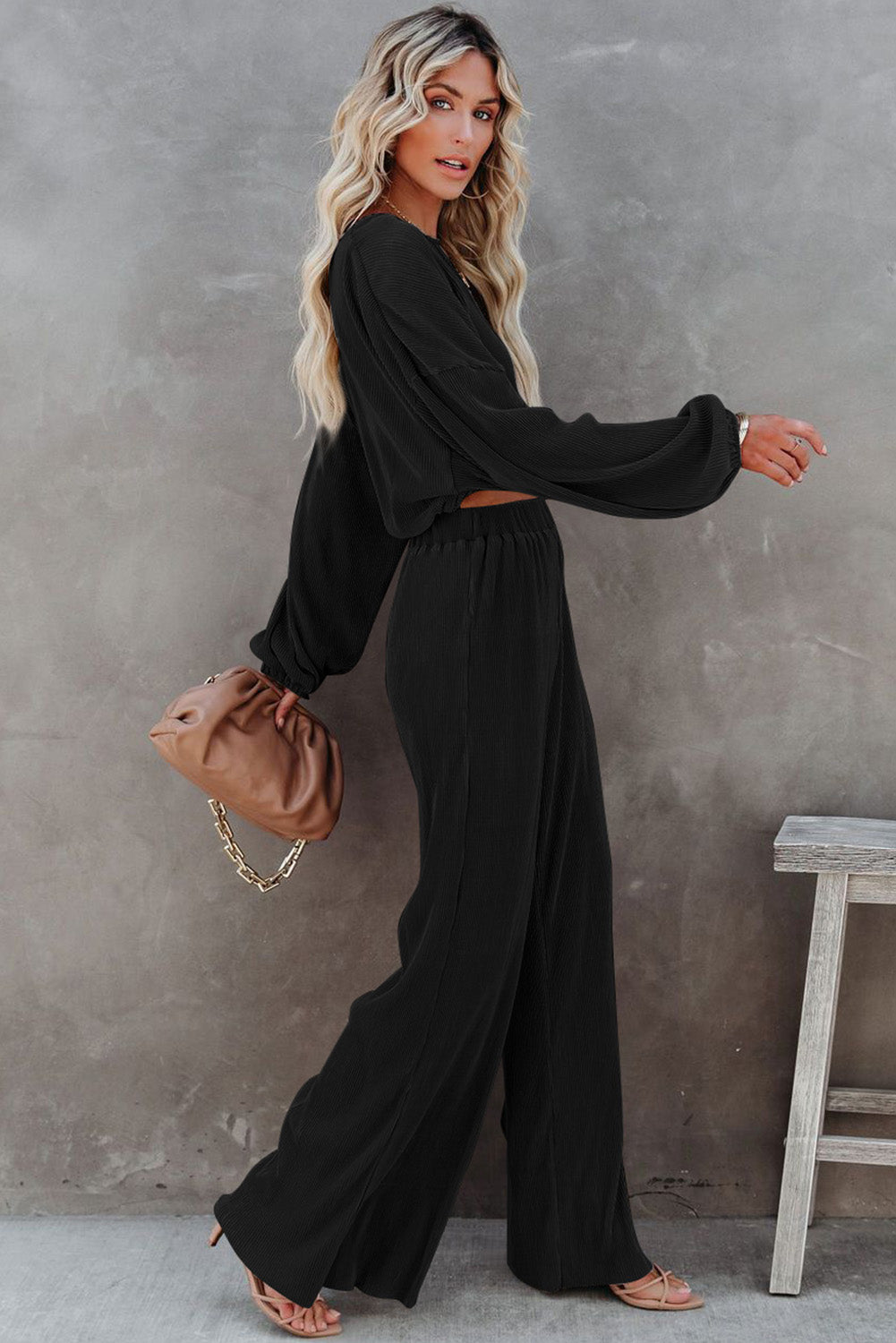 Black cord cropped sweater and wide leg pants set