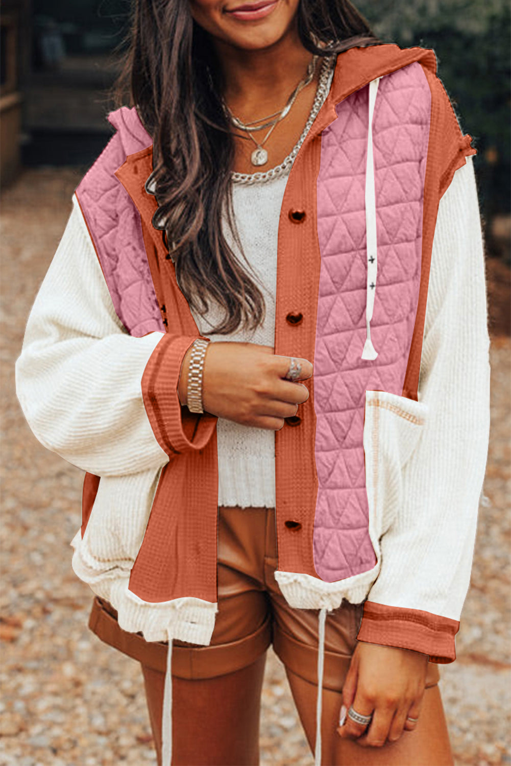 Veste à capuche coupe ample matelassée texturée corail