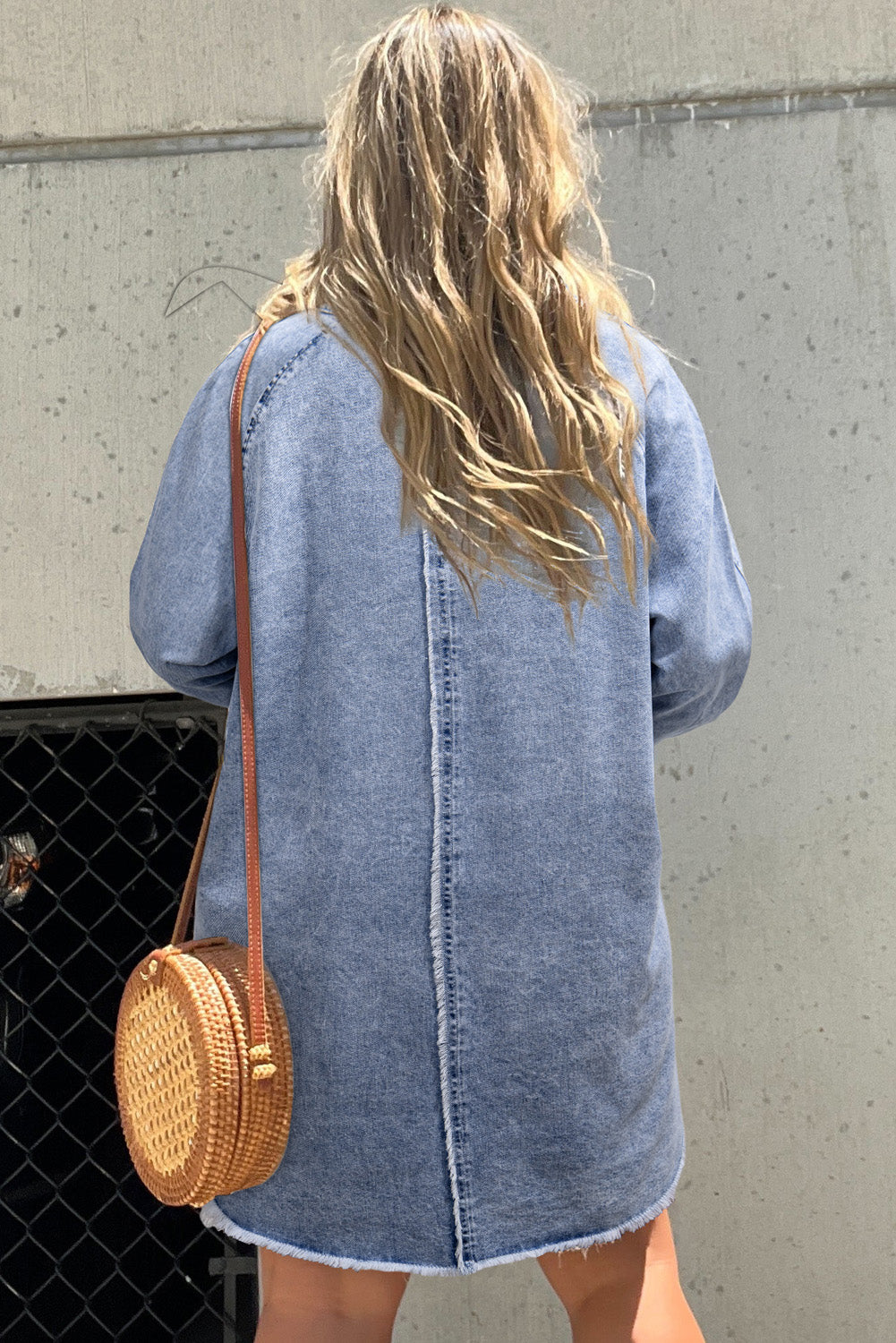Beau Blue Long Sleeve Button Down Raw Hem Denim Dress with Pockets