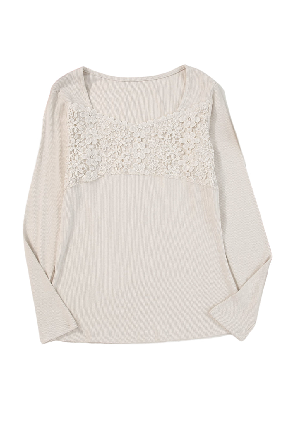 Beige Lace Crochet V Neck Long Sleeve Top