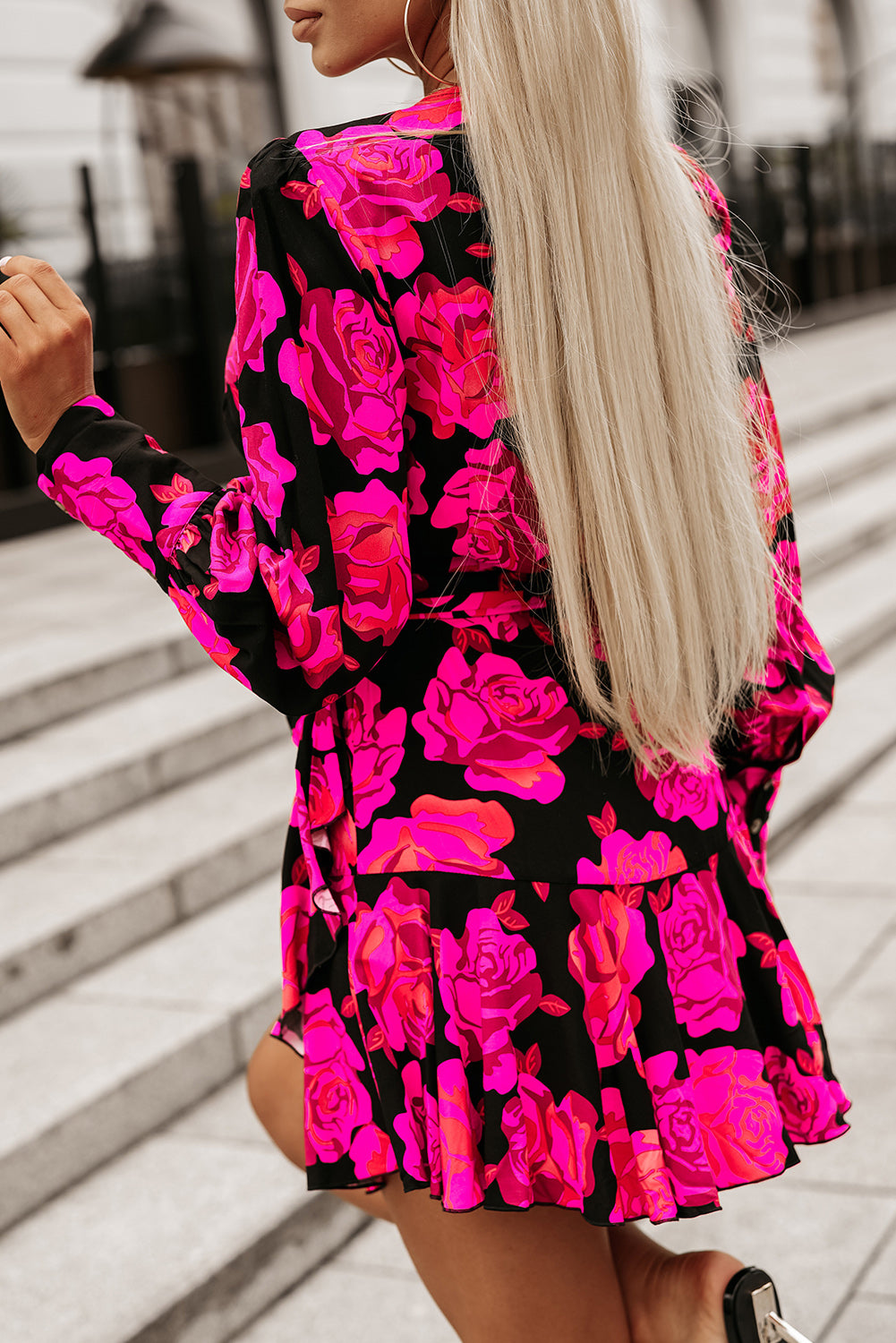 Rose Floral Imprime en V Wrap Bishop Sleeve Ruffle Mini Robe