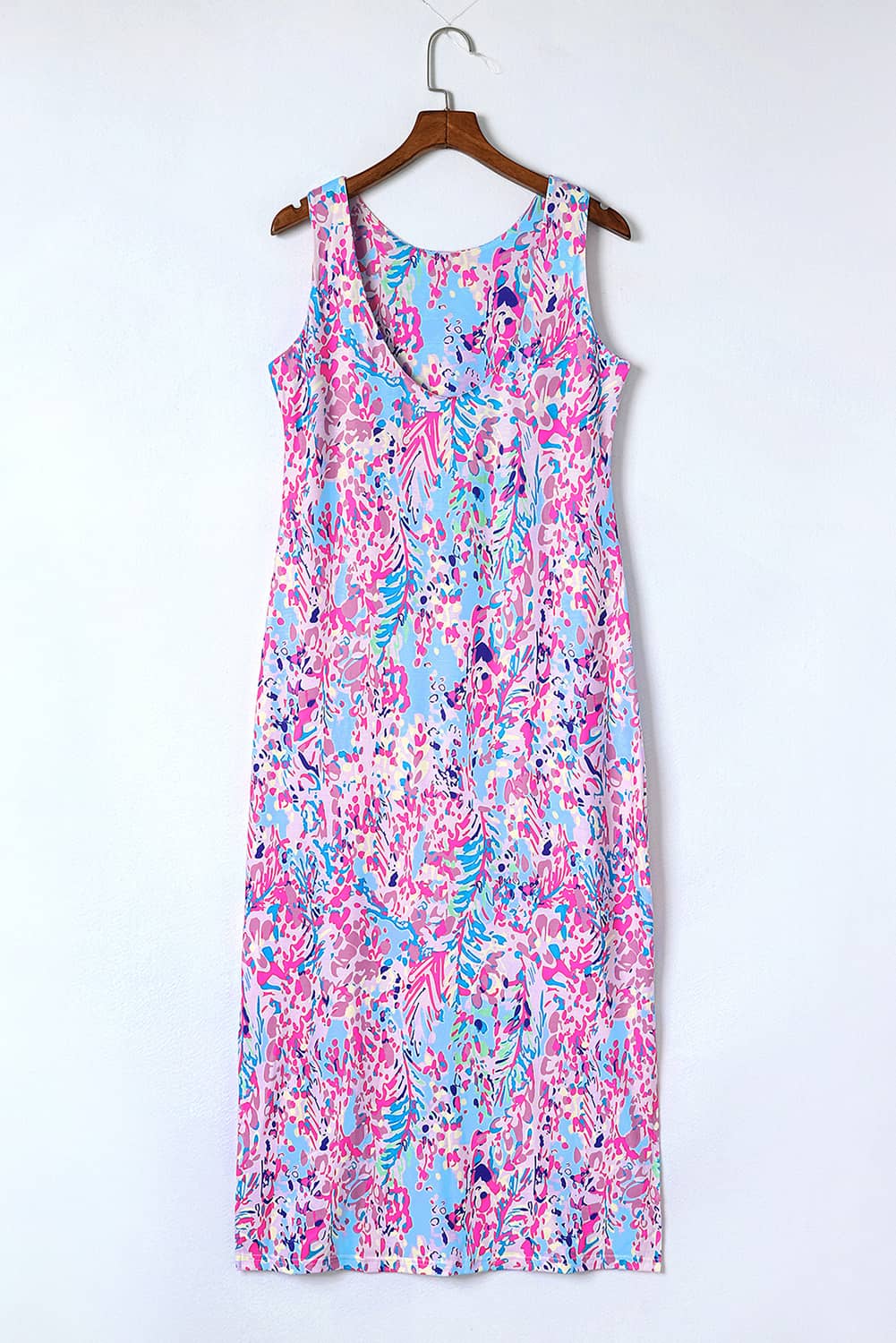Robe longue sans manches à imprimé floral abstrait violet
