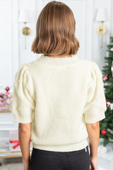 Pull blanc à manches courtes et bordure côtelée à motif losange