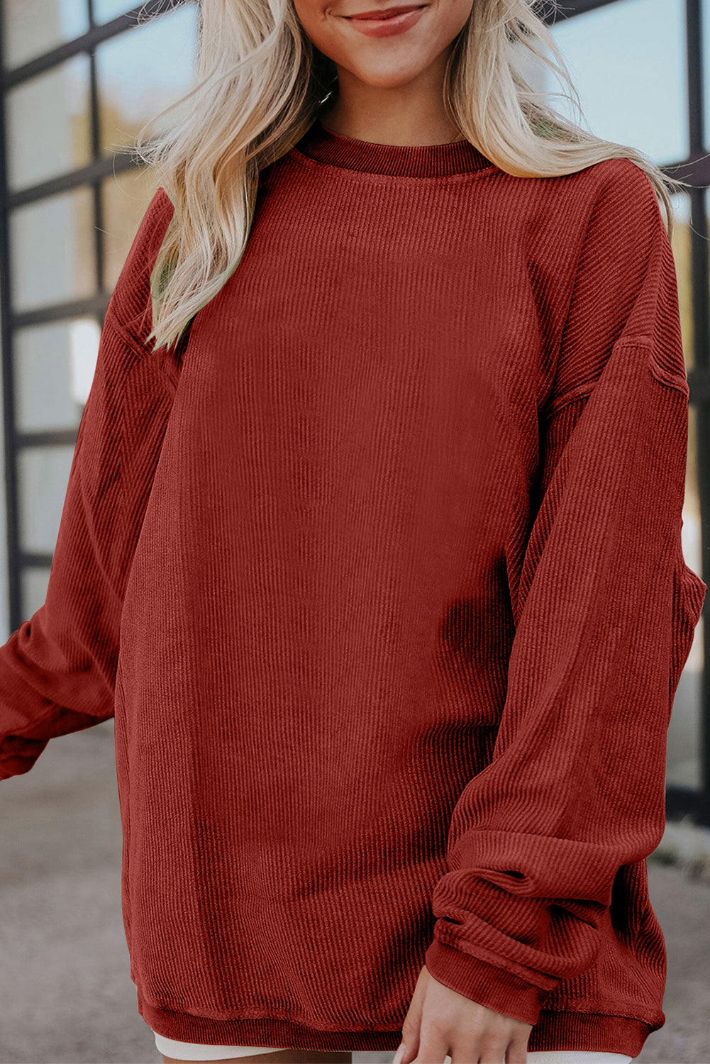 Racing Red Ribbed Corded Oversized Sweatshirt