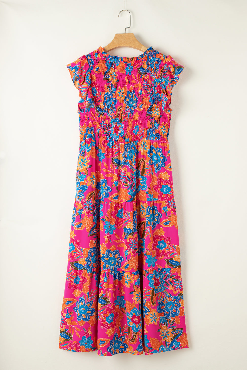 Robe longue rouge à imprimé floral et à volants sans manches de grande taille