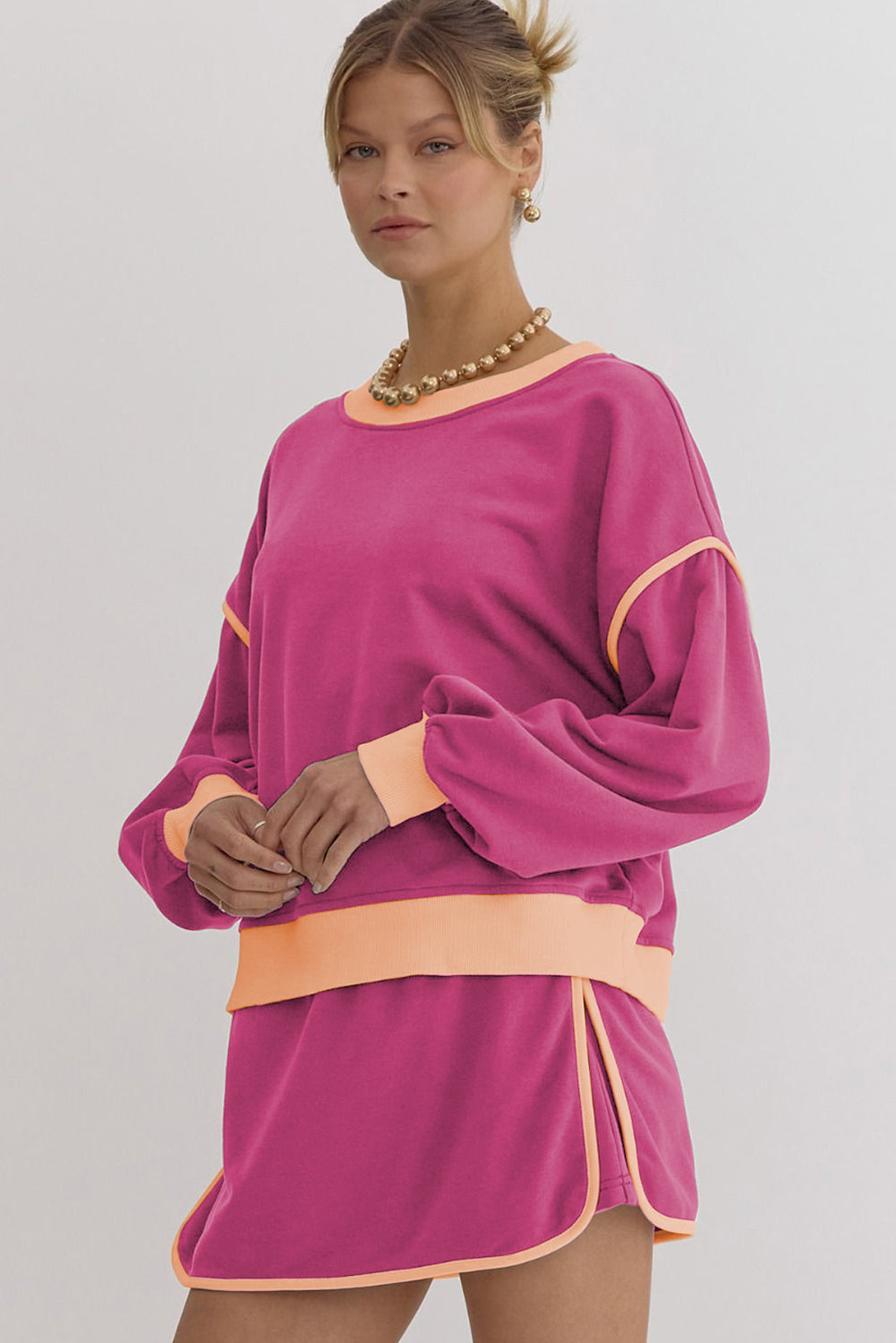 Pink -colored large -colored sweater set *