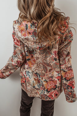 Chaqueta con capucha beige forrada en Sherpa Vintage Floral Print Paisley