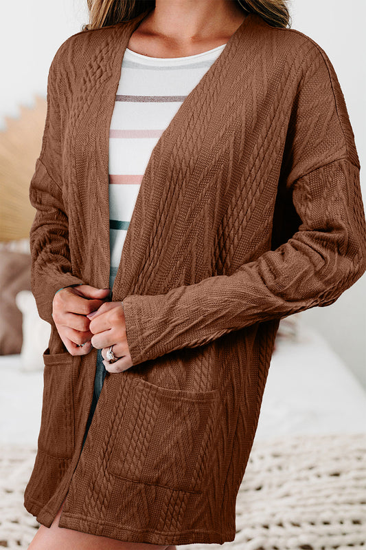 Solid Coffee Texture Open Front Cardigan with Pocket