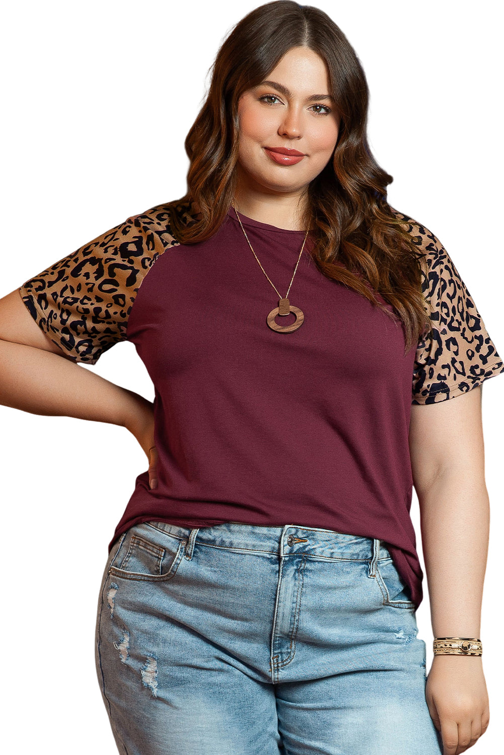 Borgogna Contrasto Leopard Raglan Sleeve T-shirt Plus size