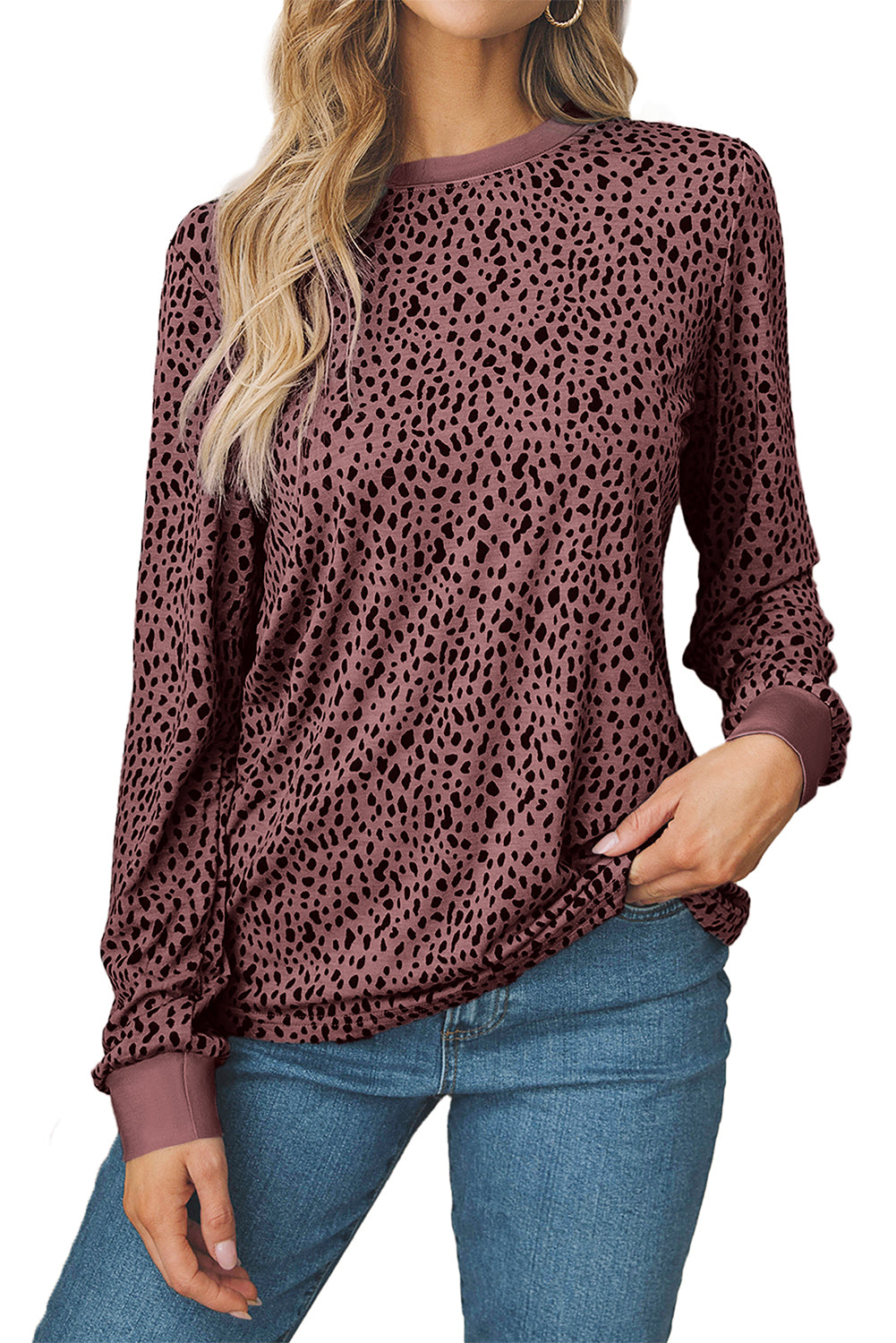 Animal Spotted Print Round Neck Long Sleeve Top