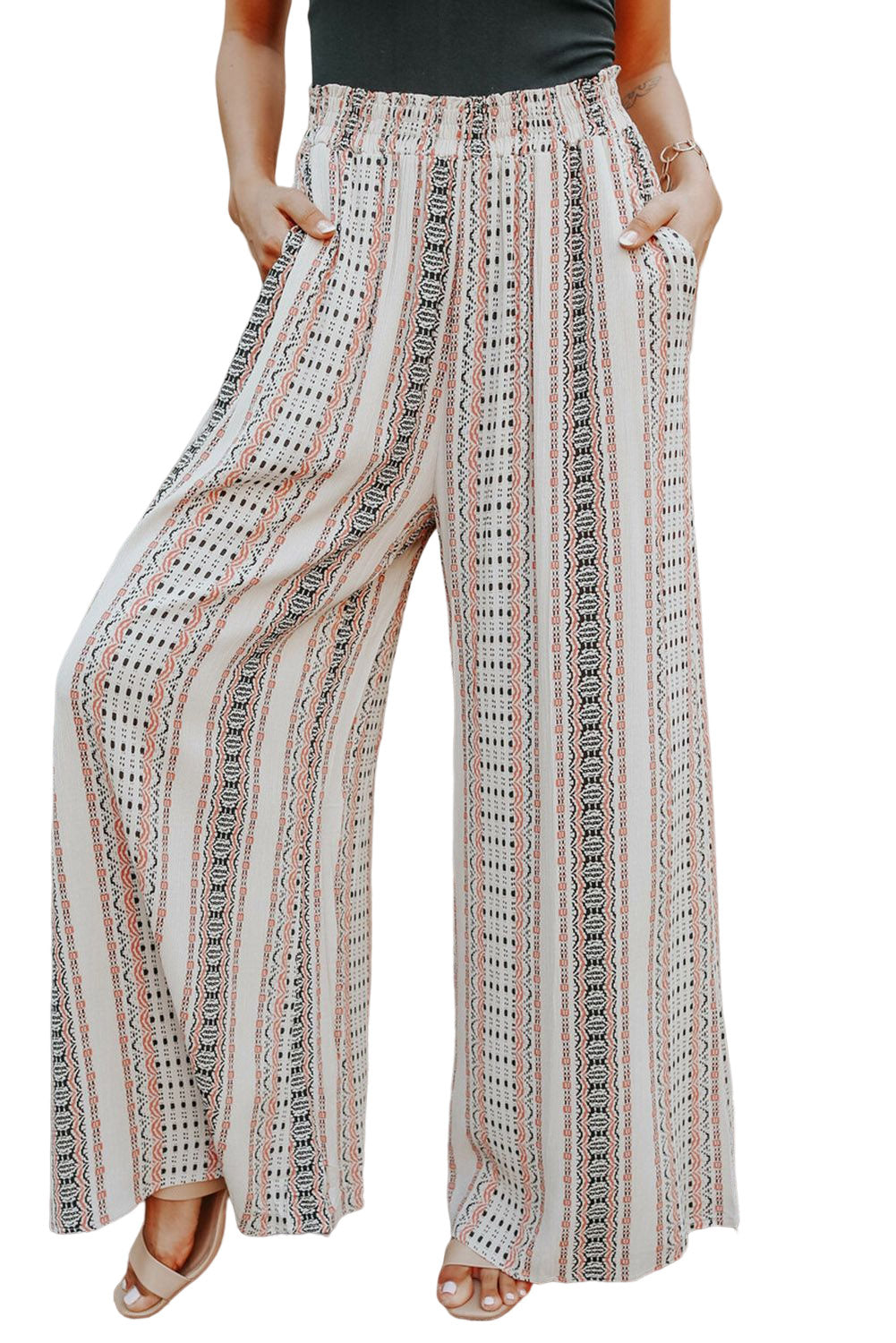 Beige Geometric Pattern Print Shirred Wide Leg Pants