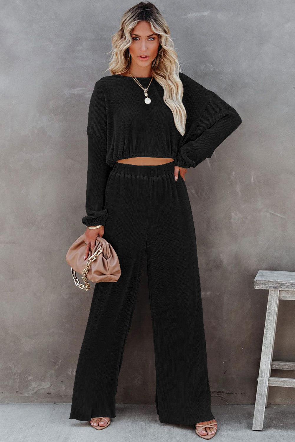 Black cord cropped sweater and wide leg pants set