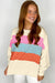 White crew neck sweatshirt with dropped shoulders in color block patchwork