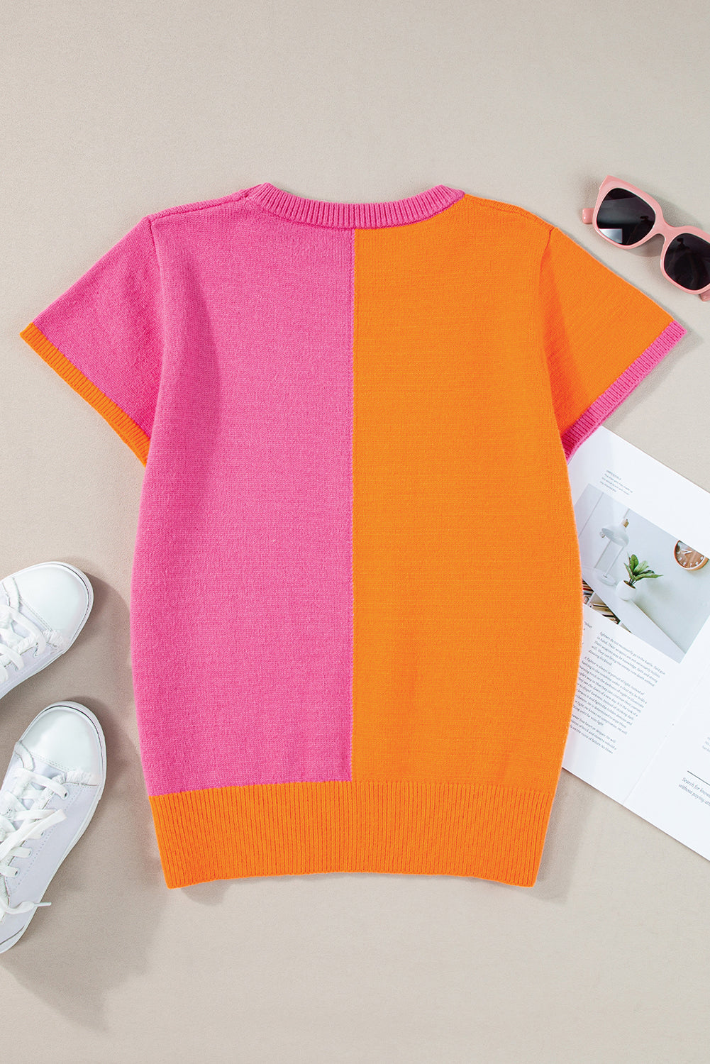 Haut pull à manches courtes en tricot color block Flamingo 2 tons