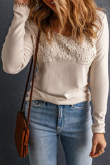 Beige crochet lace long sleeve v-neck top