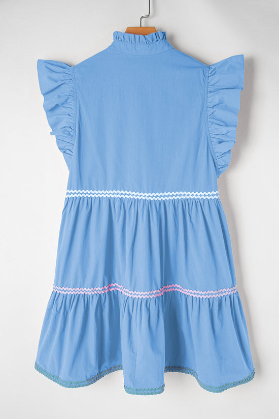 Ric Rac Beau Blue Color Block V-Neck Tiered Dress with Flutter Sleeves