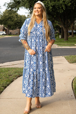 Vestido largo con cordones de estampado geométrico y cuello con muescas, gran tamaño, azul cielo