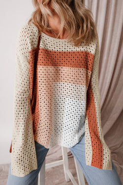 Loose fitting apricot color block pointelle knit sweater