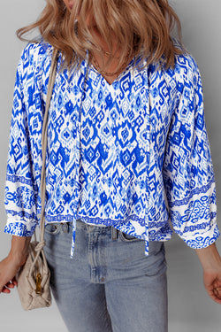 Blue blouse bohemian printed with 3/4 sleeve and tied collar