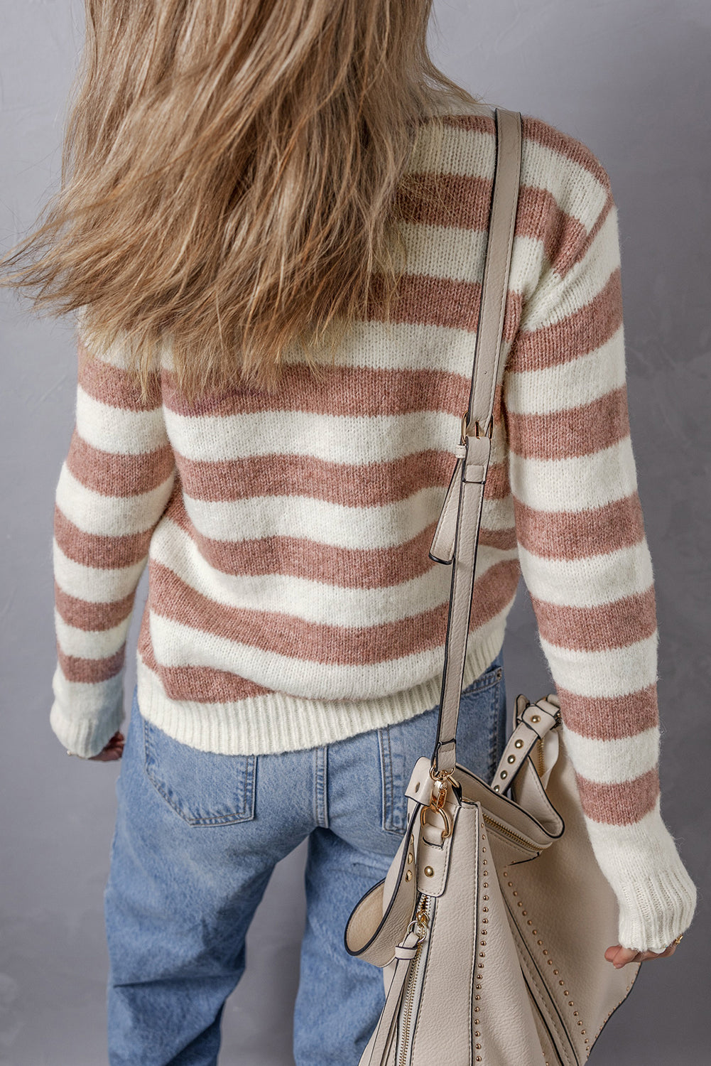 Brown striped casual crew neck sweater