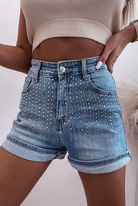 Ashleighblau -Strassverzerrte Denim -Shorts verschönert