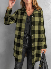 Green plaid shirt coat with turn-down collar