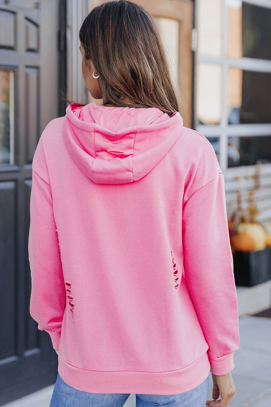 Pink Plain Ripped Hoodie with Kangaroo Pocket