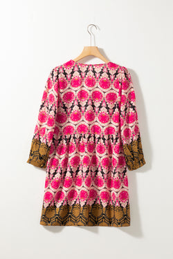 Strawberry Pink Print Retro V-Neck Bracelet Sleeve Dress