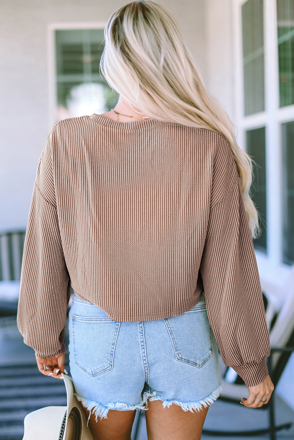 Khaki Cording Drop Shoulder Puff Sleeve Casual Long Sleeve Top