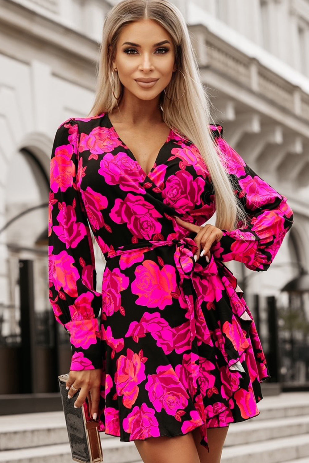 Rose Floral Imprime en V Wrap Bishop Sleeve Ruffle Mini Robe