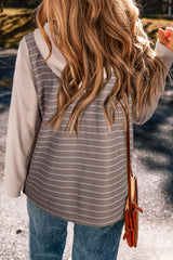 Grey Textured Knit Color Block Striped Henley Hoodie Top