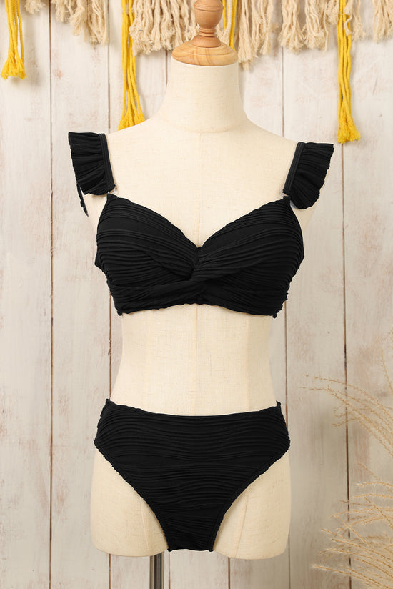 Black twisted bikini swimsuit with wavy and ruffle textured straps