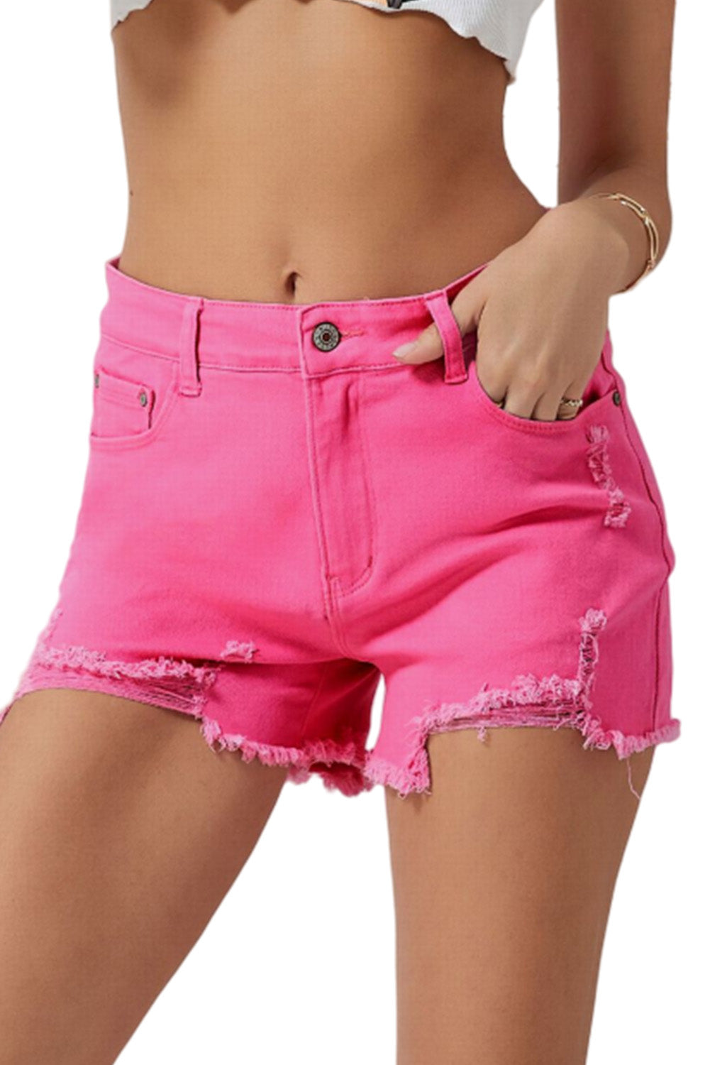 Rose - Short en jean taille haute coupe slim effet vieilli