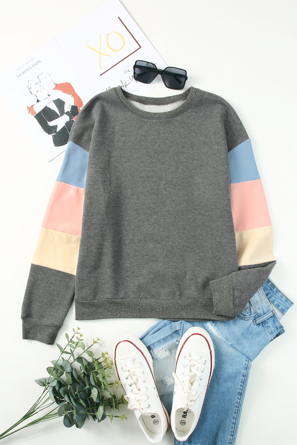 Sweat-shirt gris colorblock à manches longues