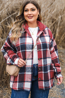 Plus Size Red Plaid Printed Buttoned Hooded Jacket