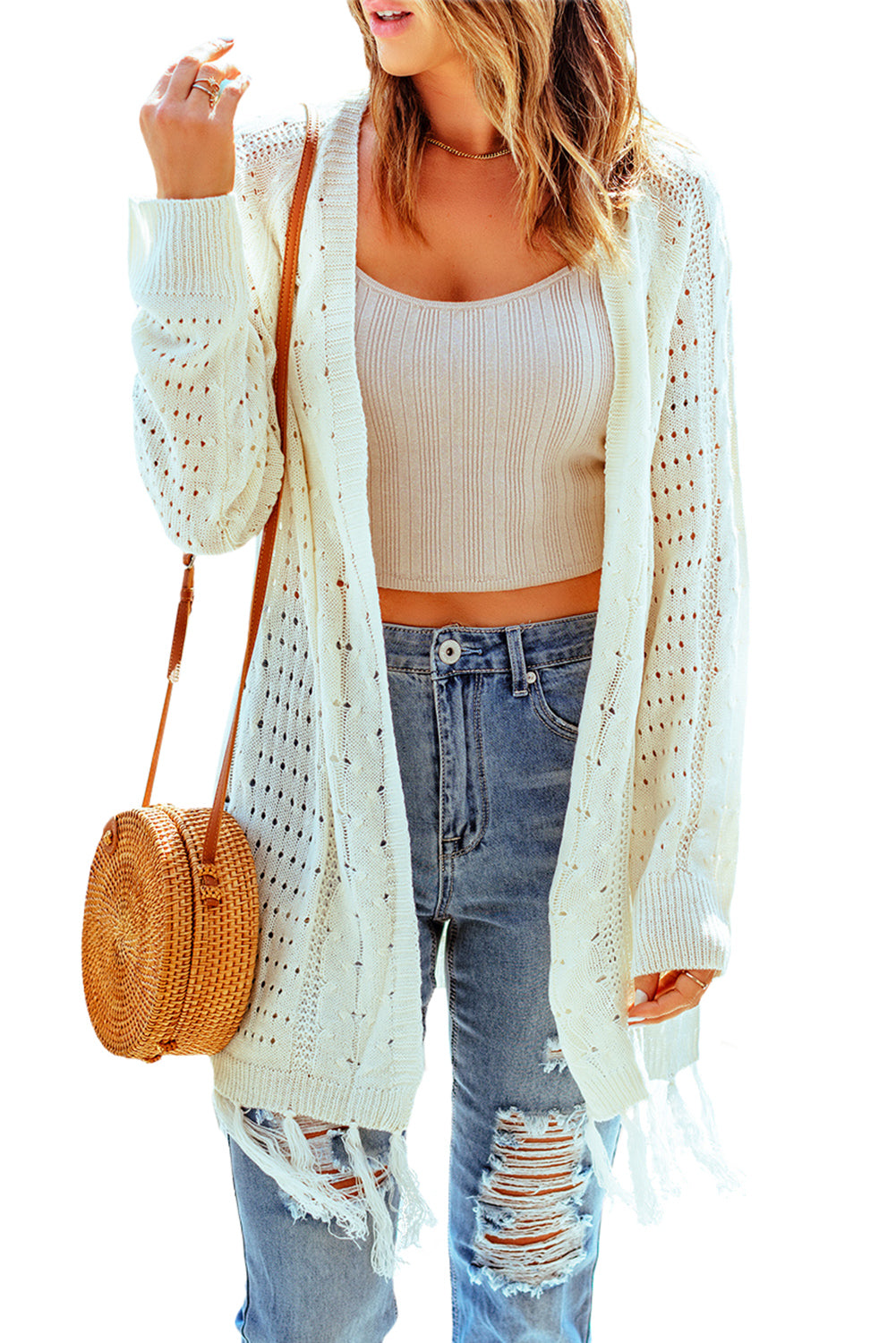 Cardigan en maille torsadée ajourée à glands beige-A WOMAN WE LOVE