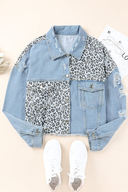 Plus Size Blue Leopard Ripped Short Denim Jacket