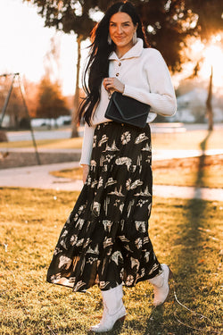 Long high waifting skirt and black western print