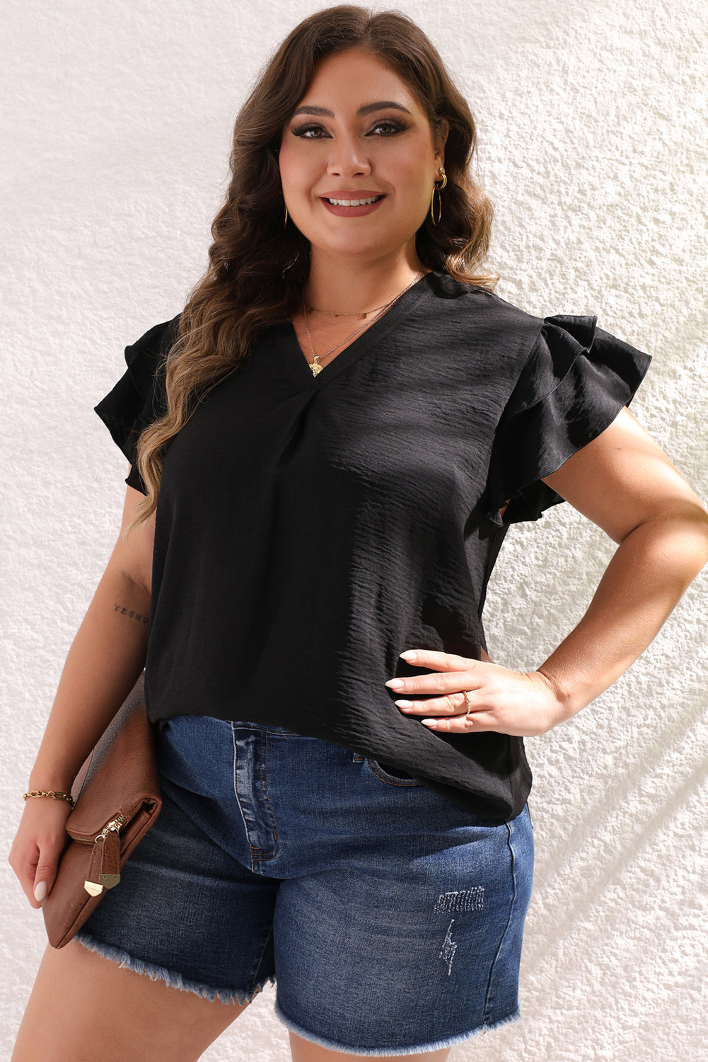 Black Black Short Short Manleve Neck Blouse